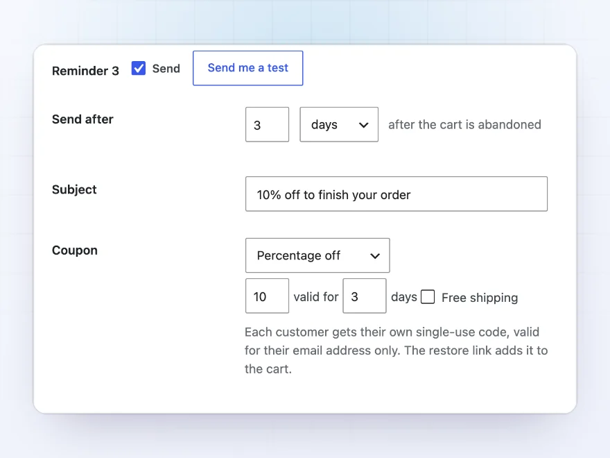 Reminder settings with timing, subject, message and coupon