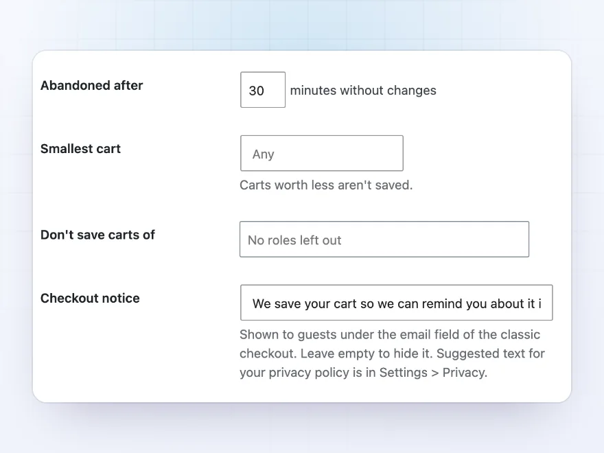 Settings for when a cart counts as abandoned and which carts are saved