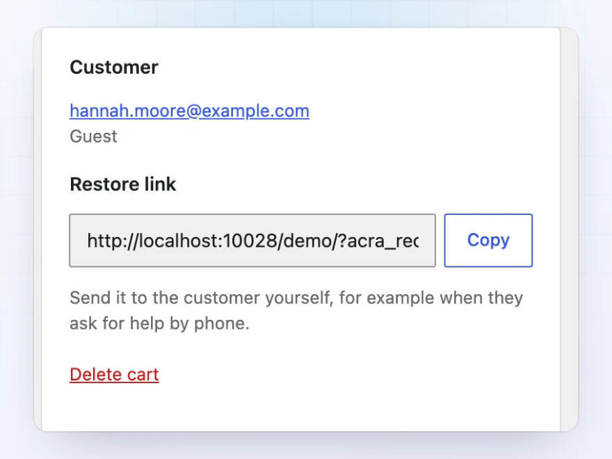 A cart’s customer details with its restore link and a Copy button