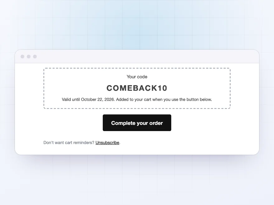 Reminder email with a personal COMEBACK10 code, its expiry date and a Complete your order button
