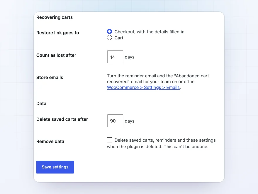 Settings for the restore link, when a cart counts as lost, store emails and when saved carts are deleted