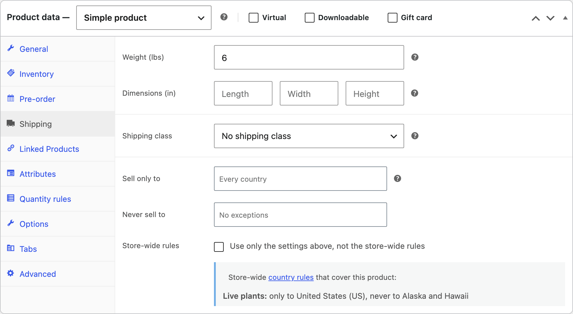 Country settings in the Shipping tab, with the store-wide rule that covers the product.