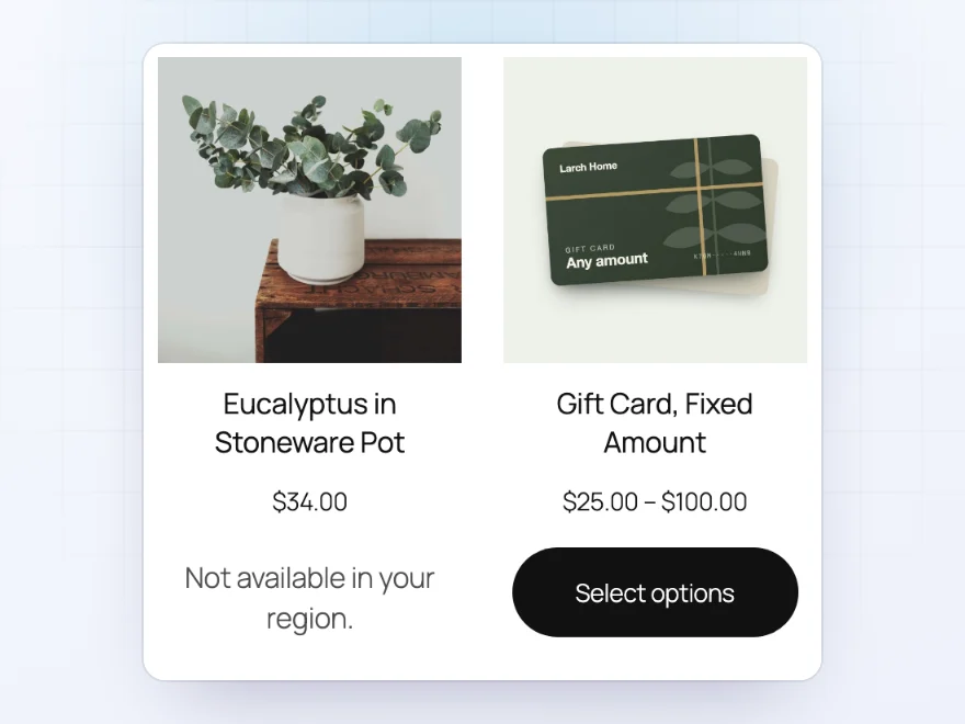 Shop page with one product marked Not available in your region next to one that can be bought