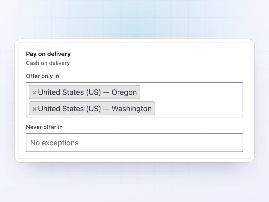 Cash on delivery offered only in Oregon and Washington