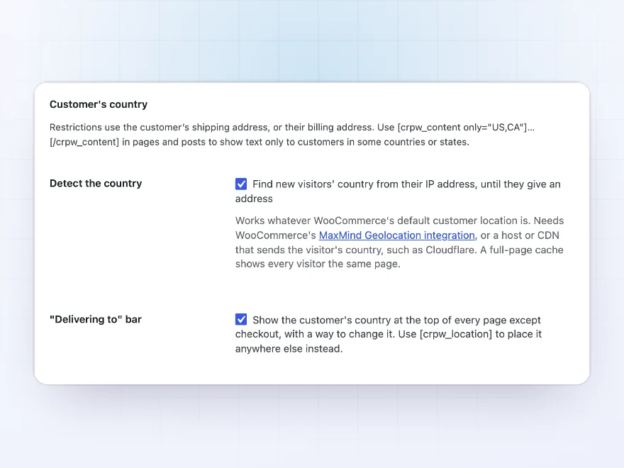 Settings for finding a new visitor’s country and for the Delivering to bar