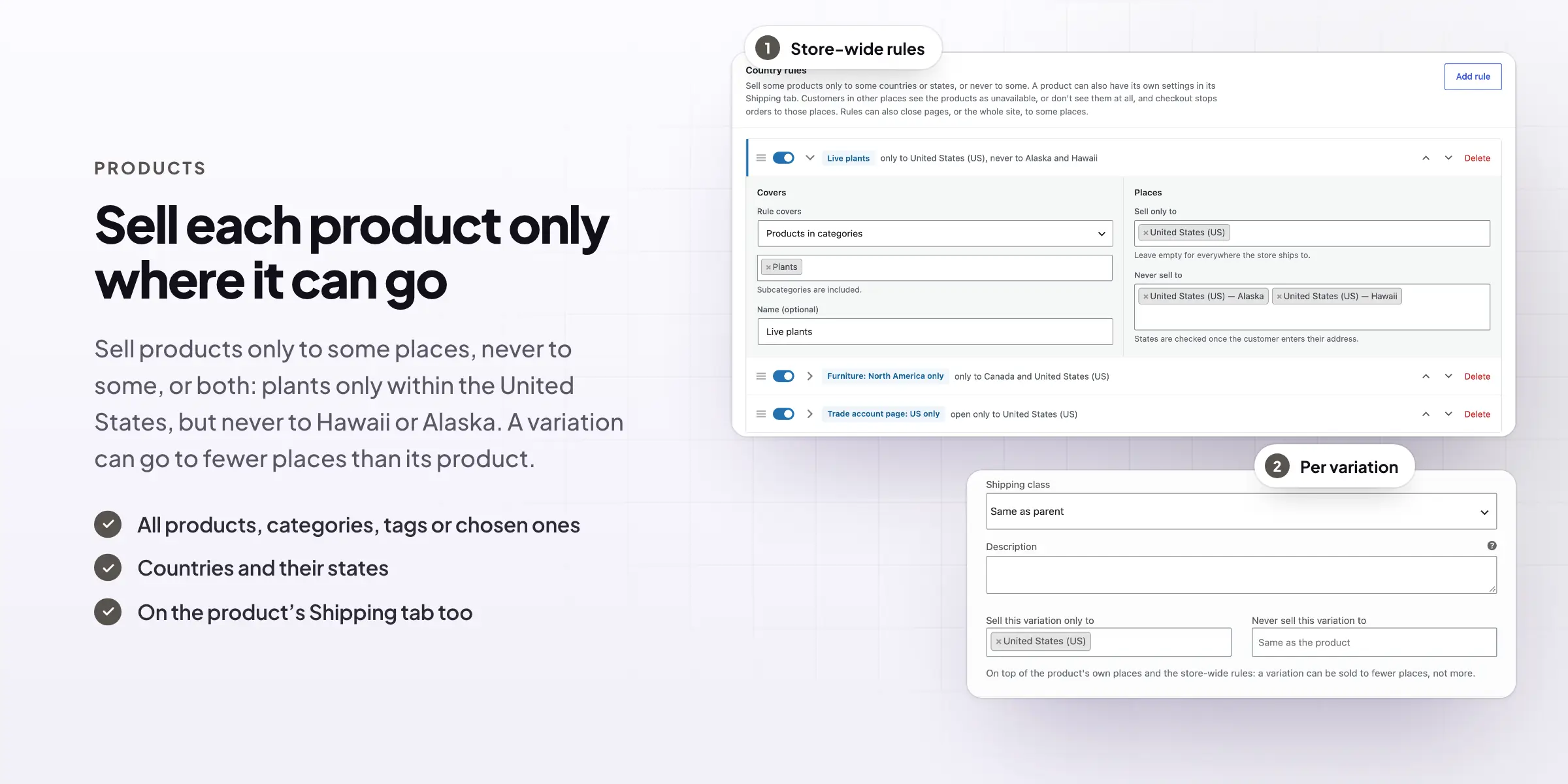 Store-wide country rules and per-variation places in Country and State Restrictions