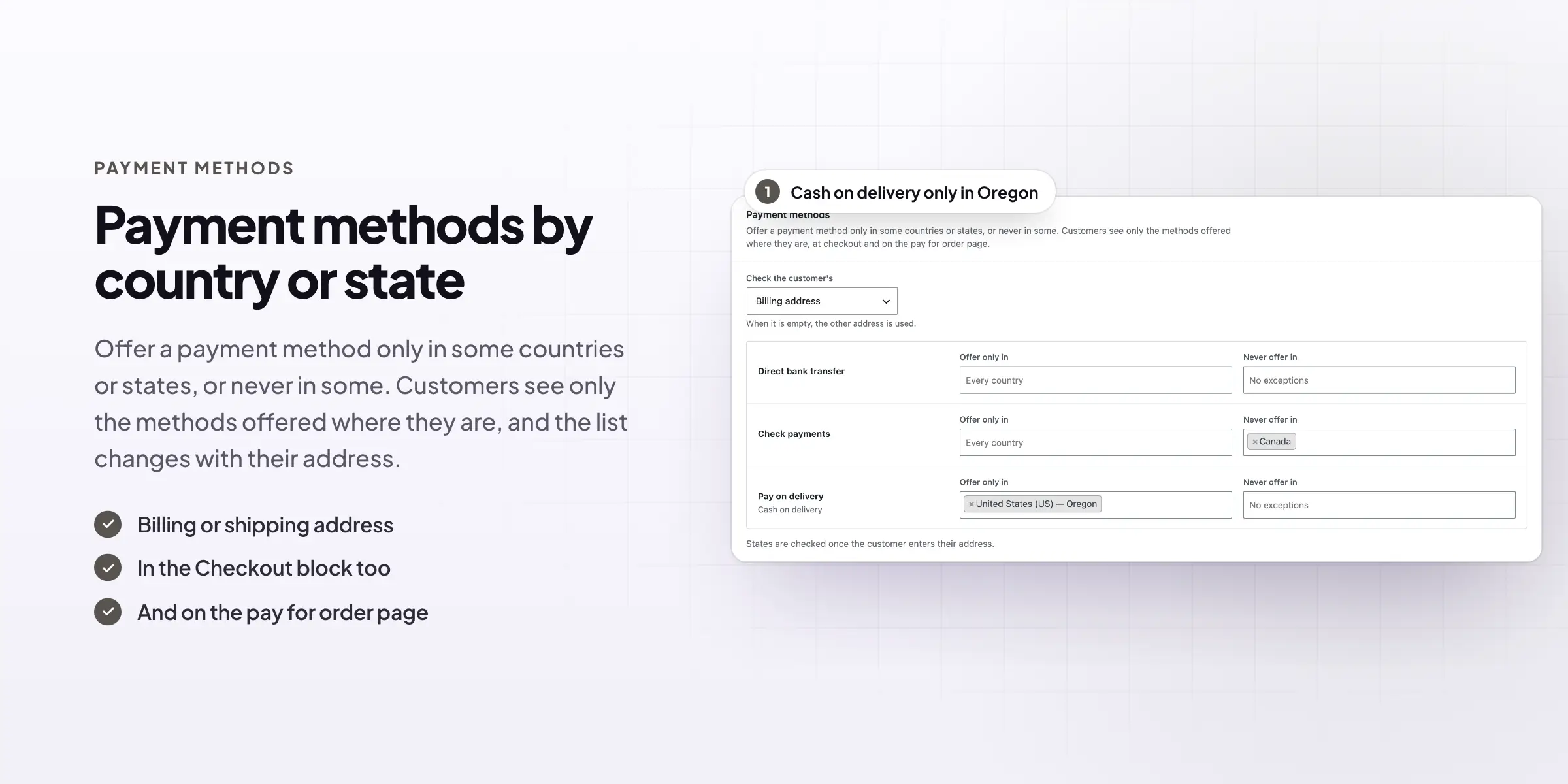 Payment methods offered only in some countries or states