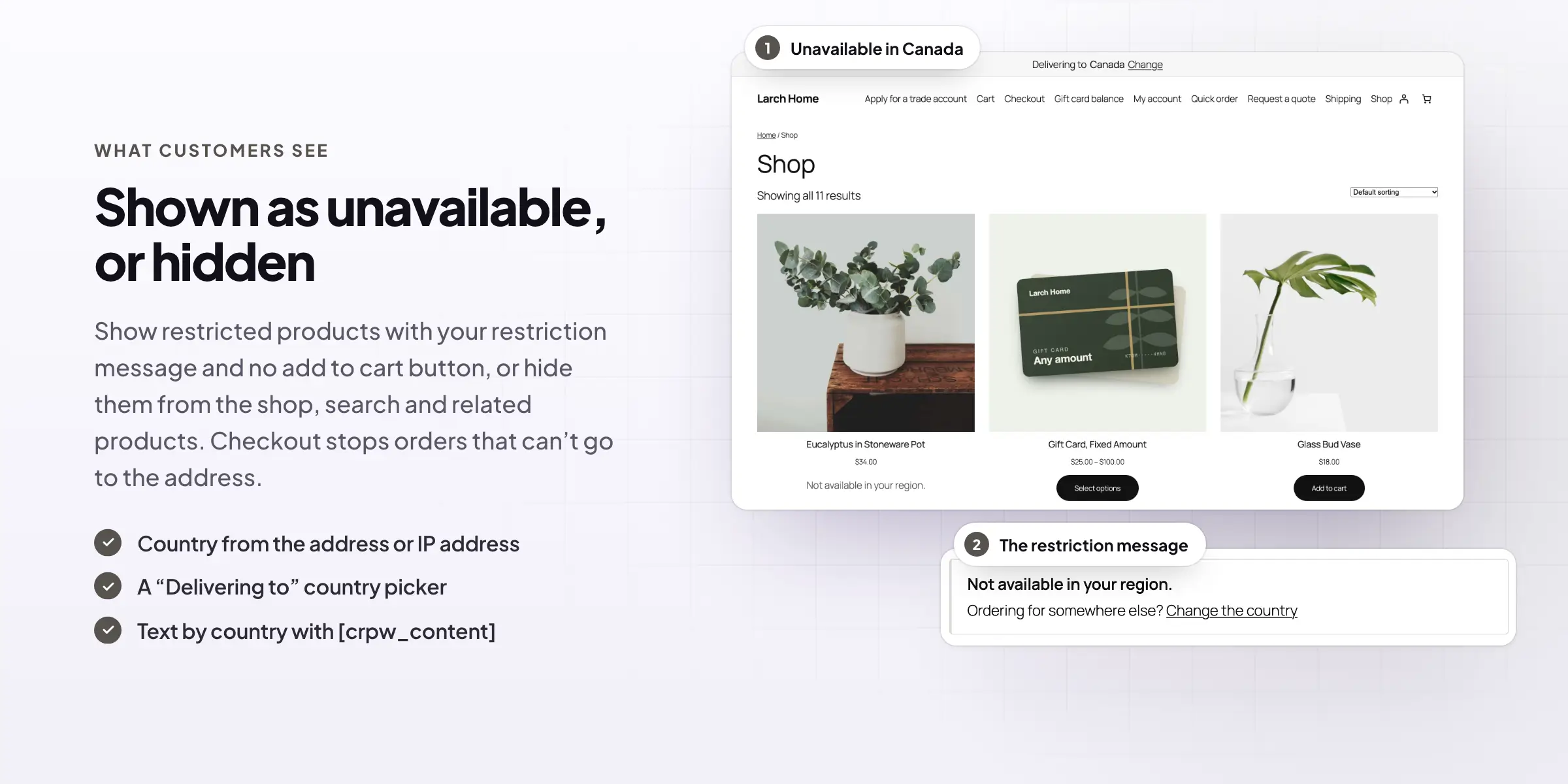 A shop showing a product as not available in Canada