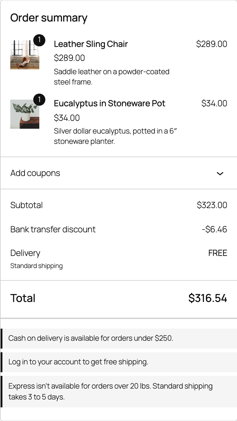 The Checkout block with a bank transfer discount and the notes of two rules.