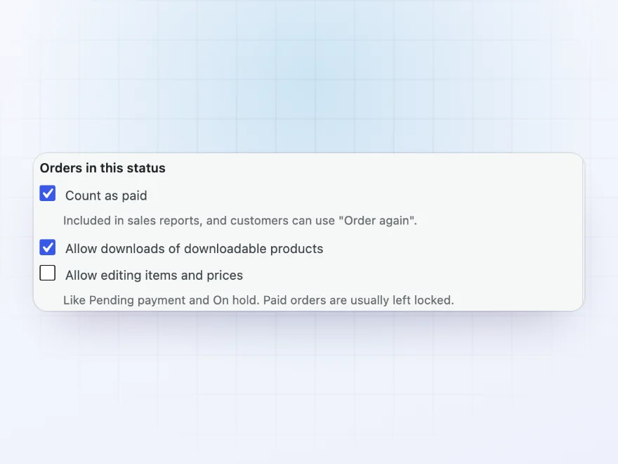 Status settings: count as paid, allow downloads, and allow editing items and prices