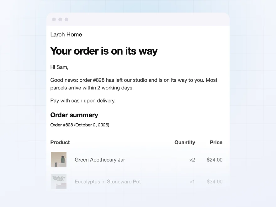Email: Your order is on its way, with the order summary