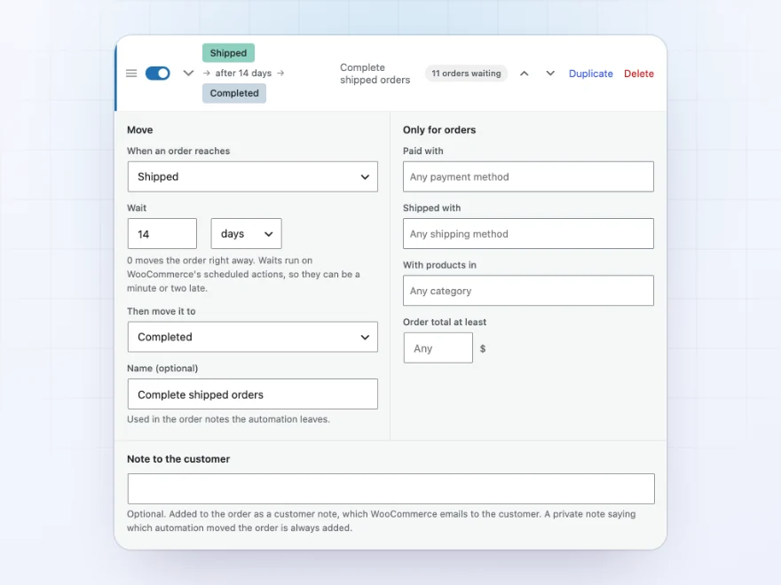 An automation that cancels unpaid bank transfer orders after 7 days, limited to Direct bank transfer