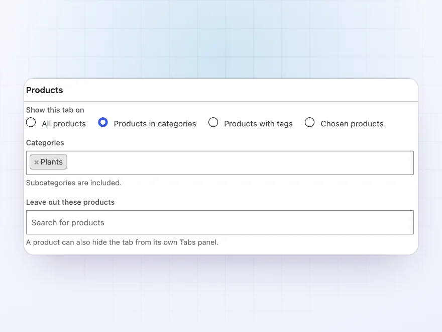 Shared tab settings: show this tab on products in the Plants category