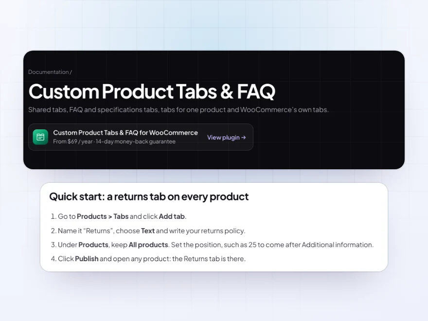 The Custom Product Tabs & FAQ documentation with its quick start