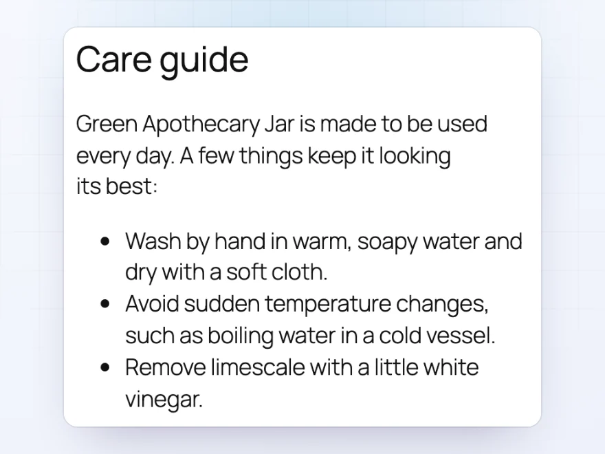 Care guide tab with care instructions for a glass jar