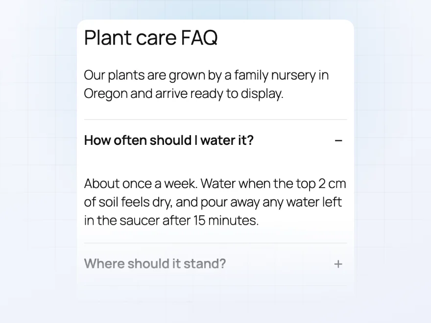 Plant care FAQ tab with a question opened to show its answer