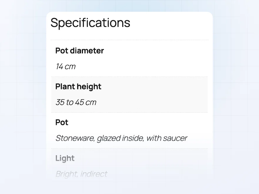 Specifications tab with pot diameter, plant height, pot material and light