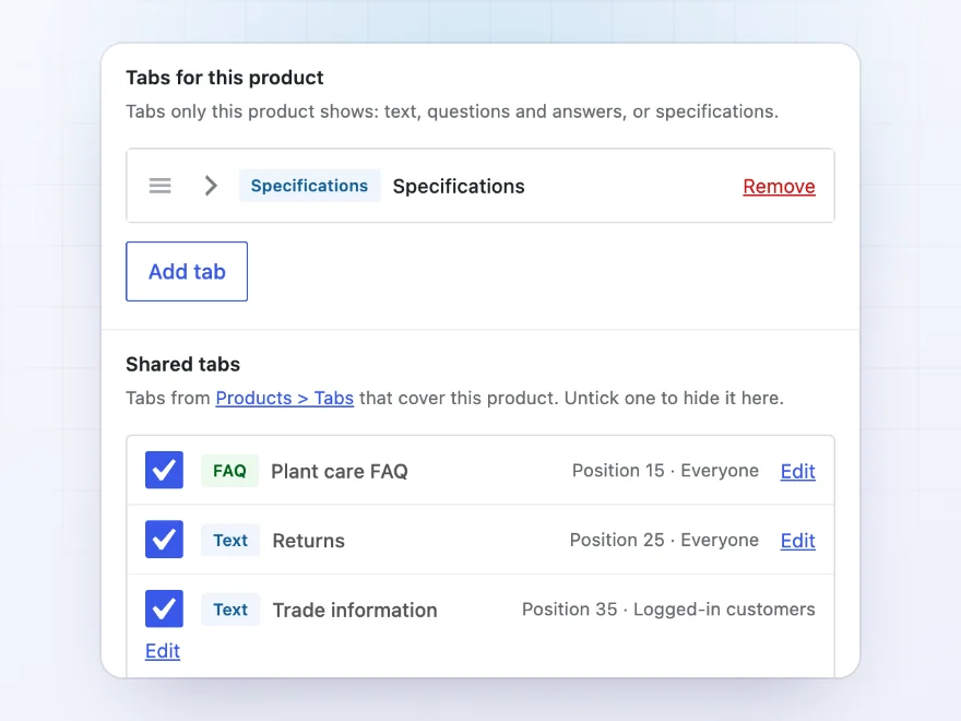 Product Tabs panel with a product’s own specifications tab and the shared tabs it shows