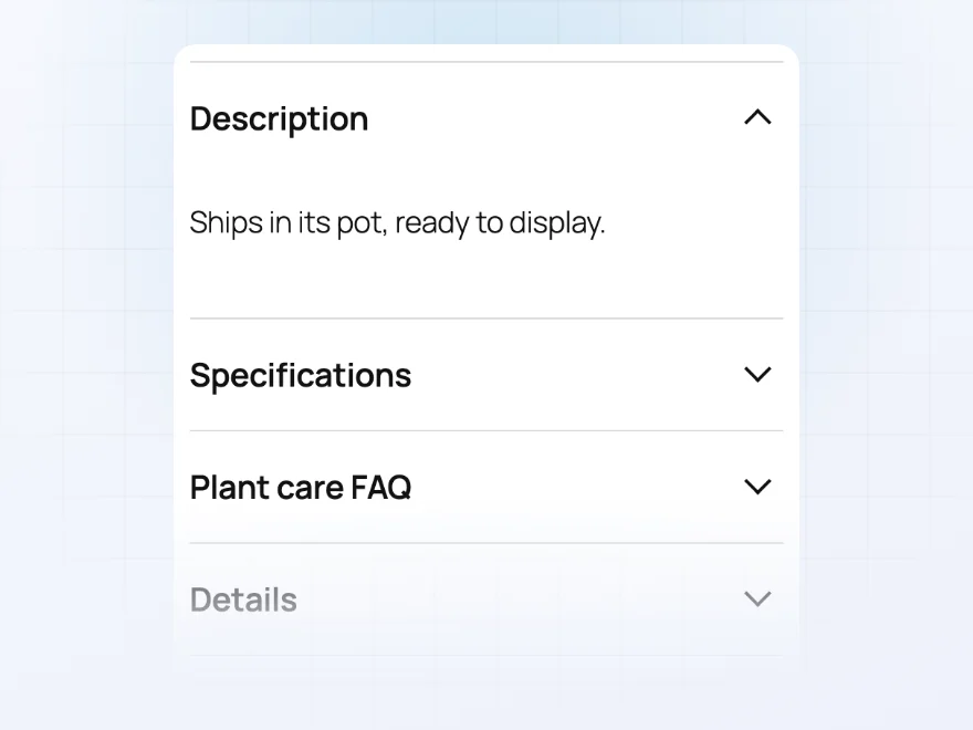Product tabs shown as sections that open and close: description, specifications, plant care FAQ