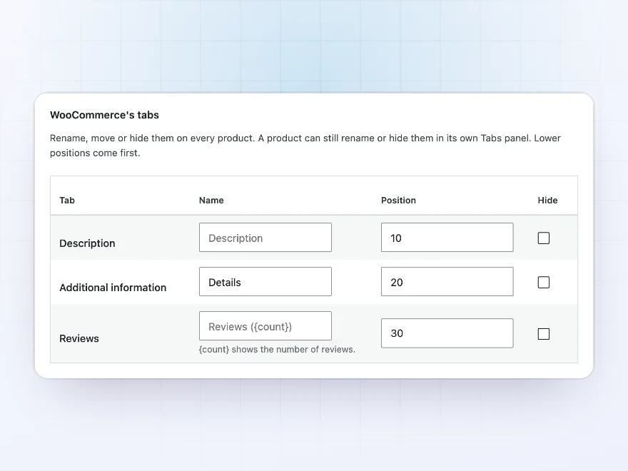 Settings for WooCommerce’s Description, Details and Reviews tabs with their names and positions