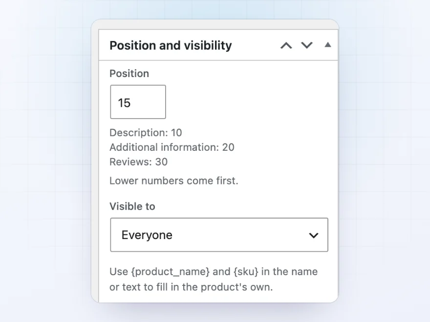 A shared FAQ tab’s settings for position, products and who sees it