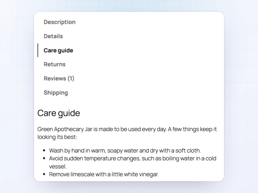 Product page with Description, Details, Care guide, Returns, Reviews and Shipping tabs
