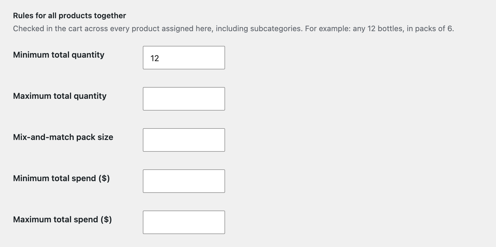 Rules for all products in a category, checked together in the cart.