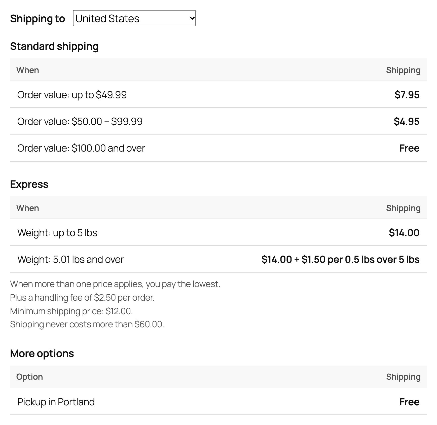 The Shipping rates block on a store's shipping page.