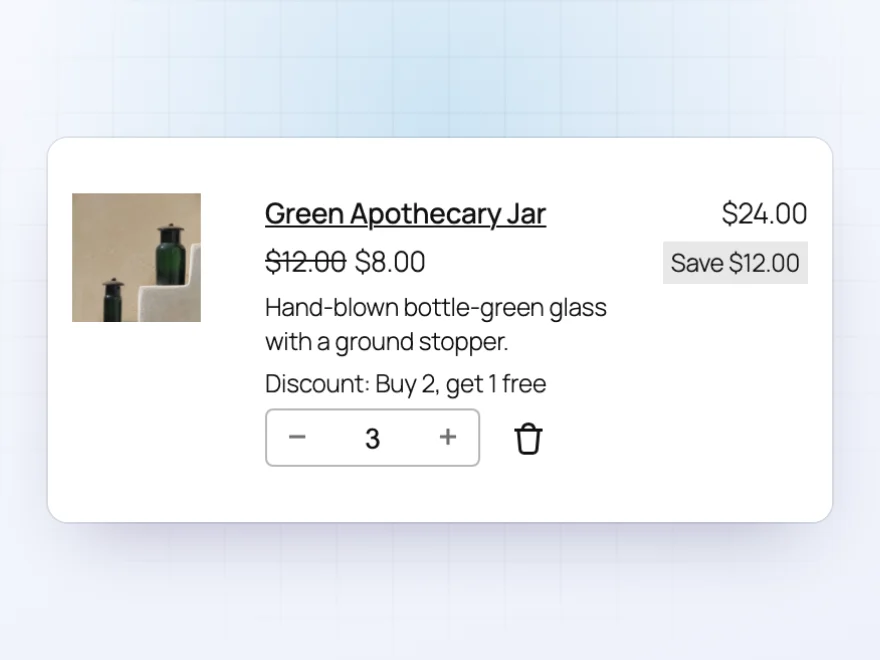 Cart item with Buy 2, get 1 free applied: three jars for the price of two
