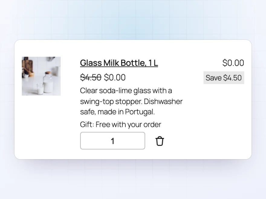 Free gift in the cart at $0.00, with the regular price crossed out
