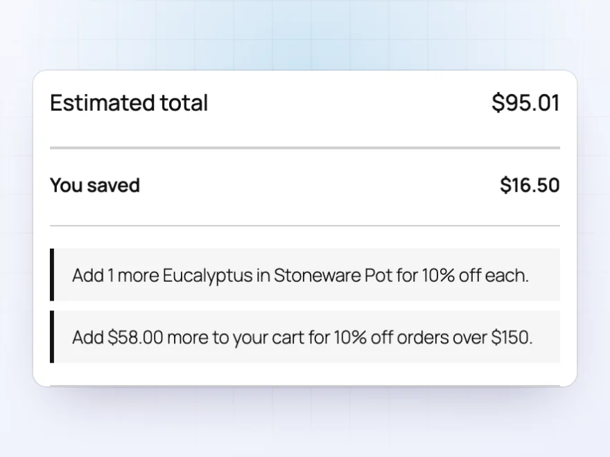 Cart showing You saved $16.50 and messages saying how much more to add for a discount