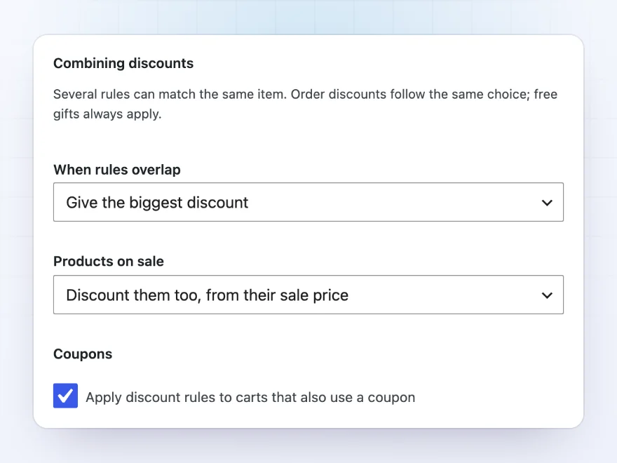 Settings for when discount rules overlap, products on sale and coupons