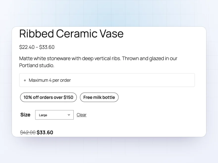 Product page with offer badges for 10% off orders over $150 and a free milk bottle, and the sale price