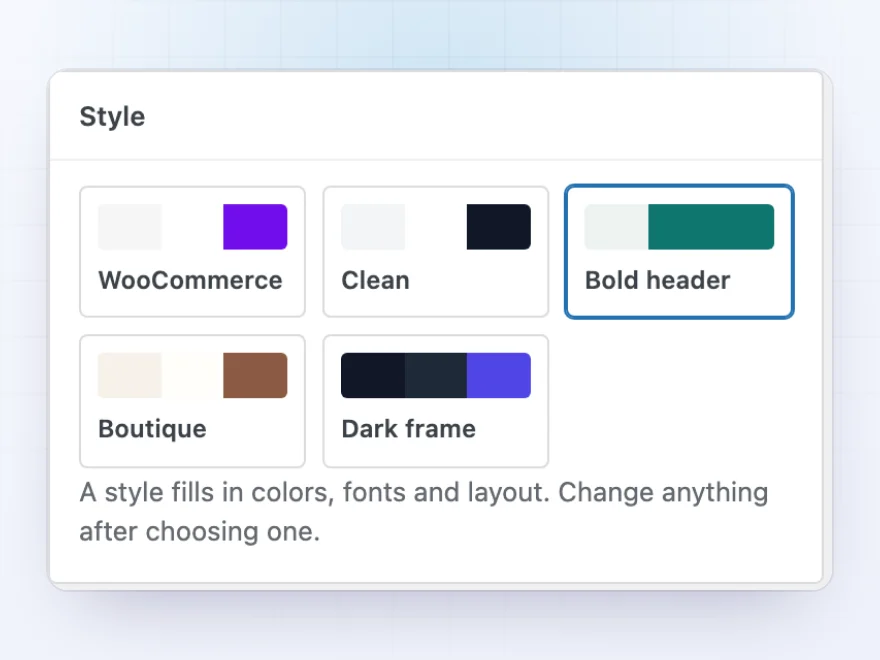 Style choices: WooCommerce, Clean, Bold header, Boutique and Dark frame
