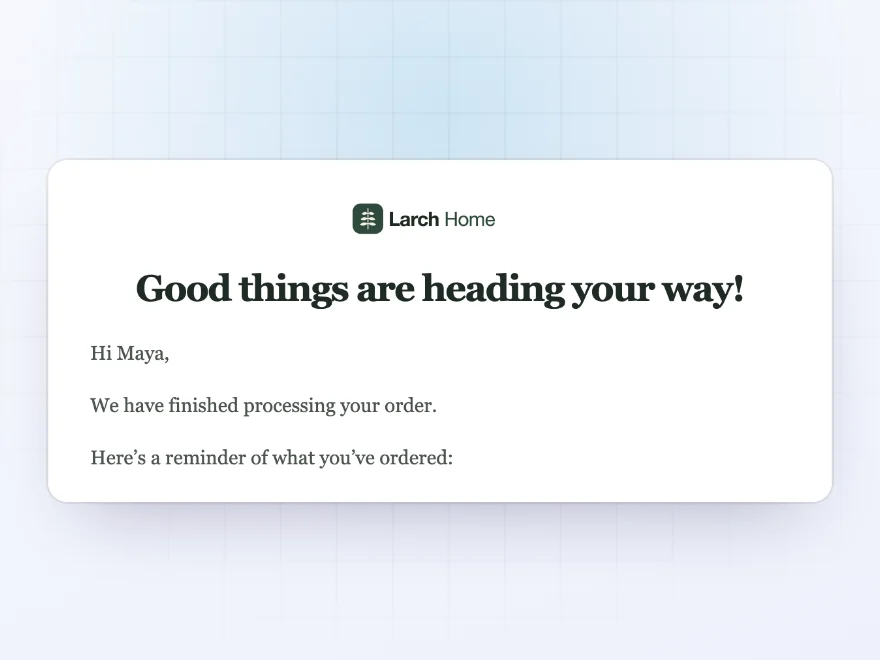 Order email with a green header band, logo area and heading