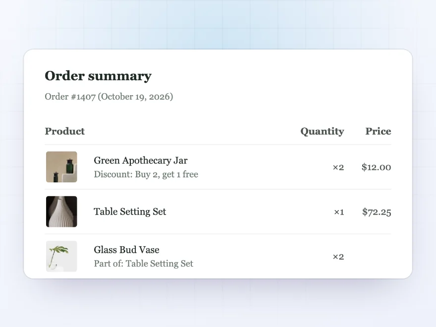 Order table with product images, quantities and prices