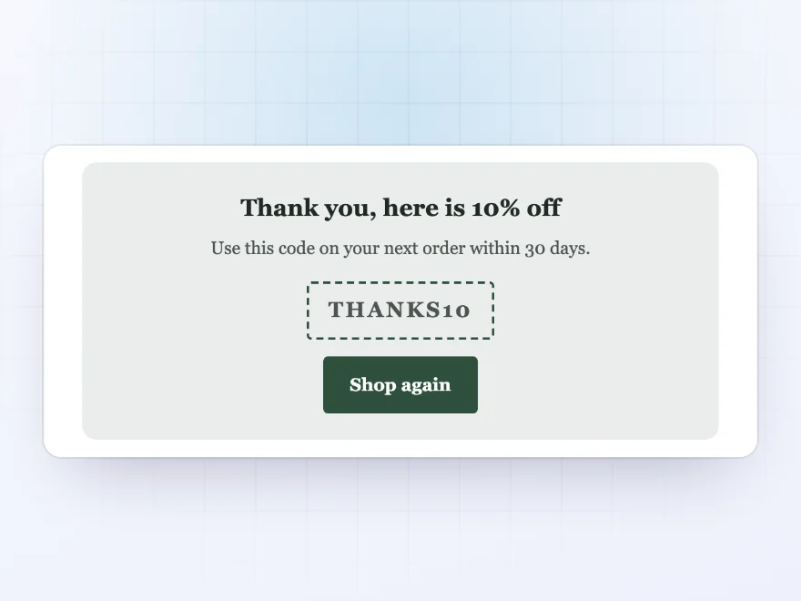 Thank-you block with a 10% coupon code and a Shop again button