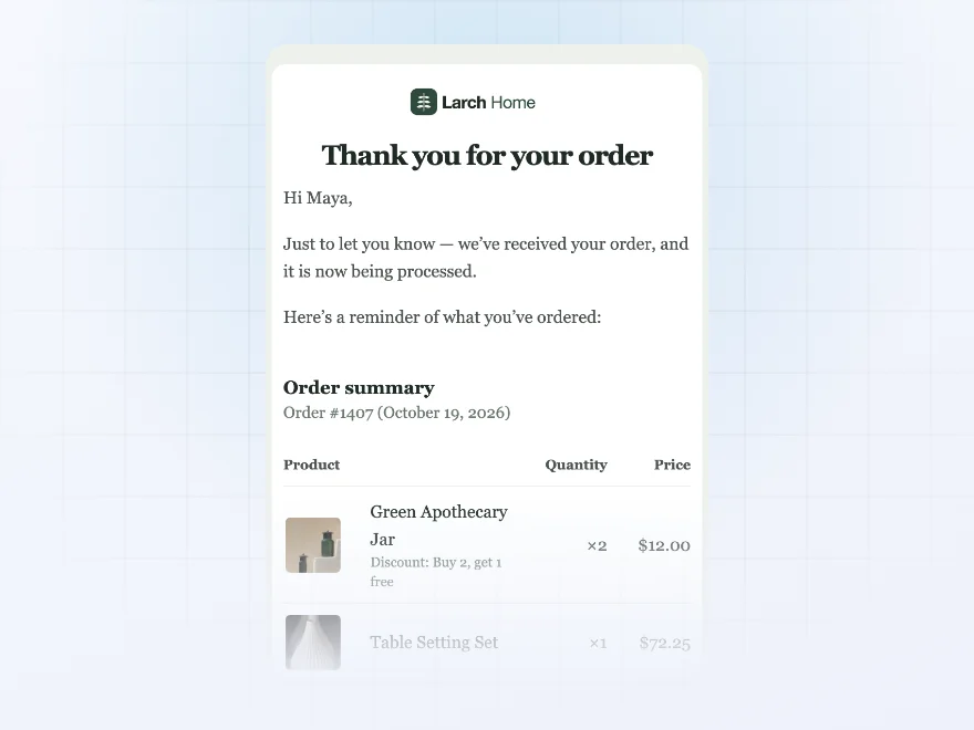 Phone preview of a styled order email