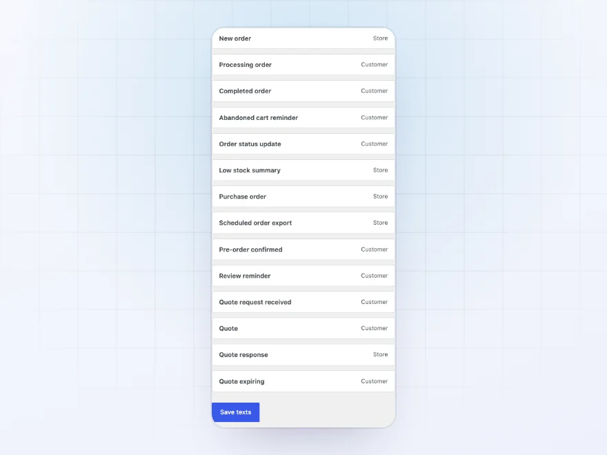 Store emails including abandoned cart reminders, order status updates, purchase orders, pre-orders and quotes