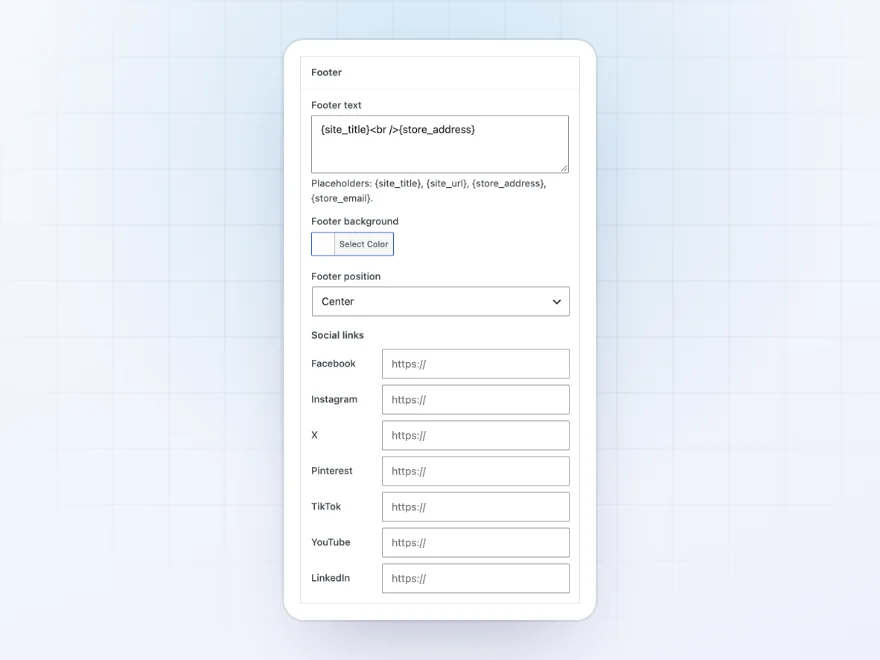 The Footer panel of the email designer