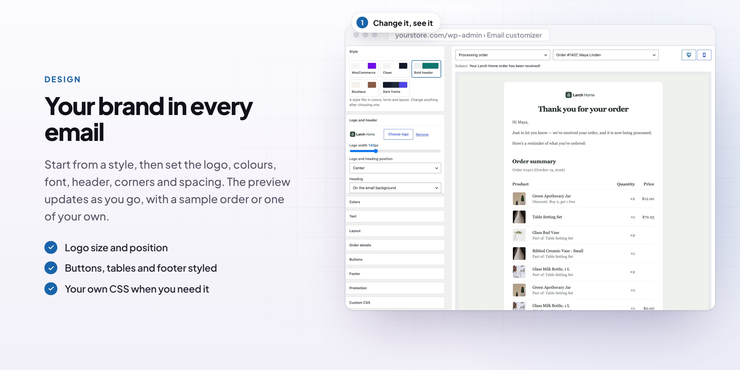Email Customizer: the design screen with a live preview