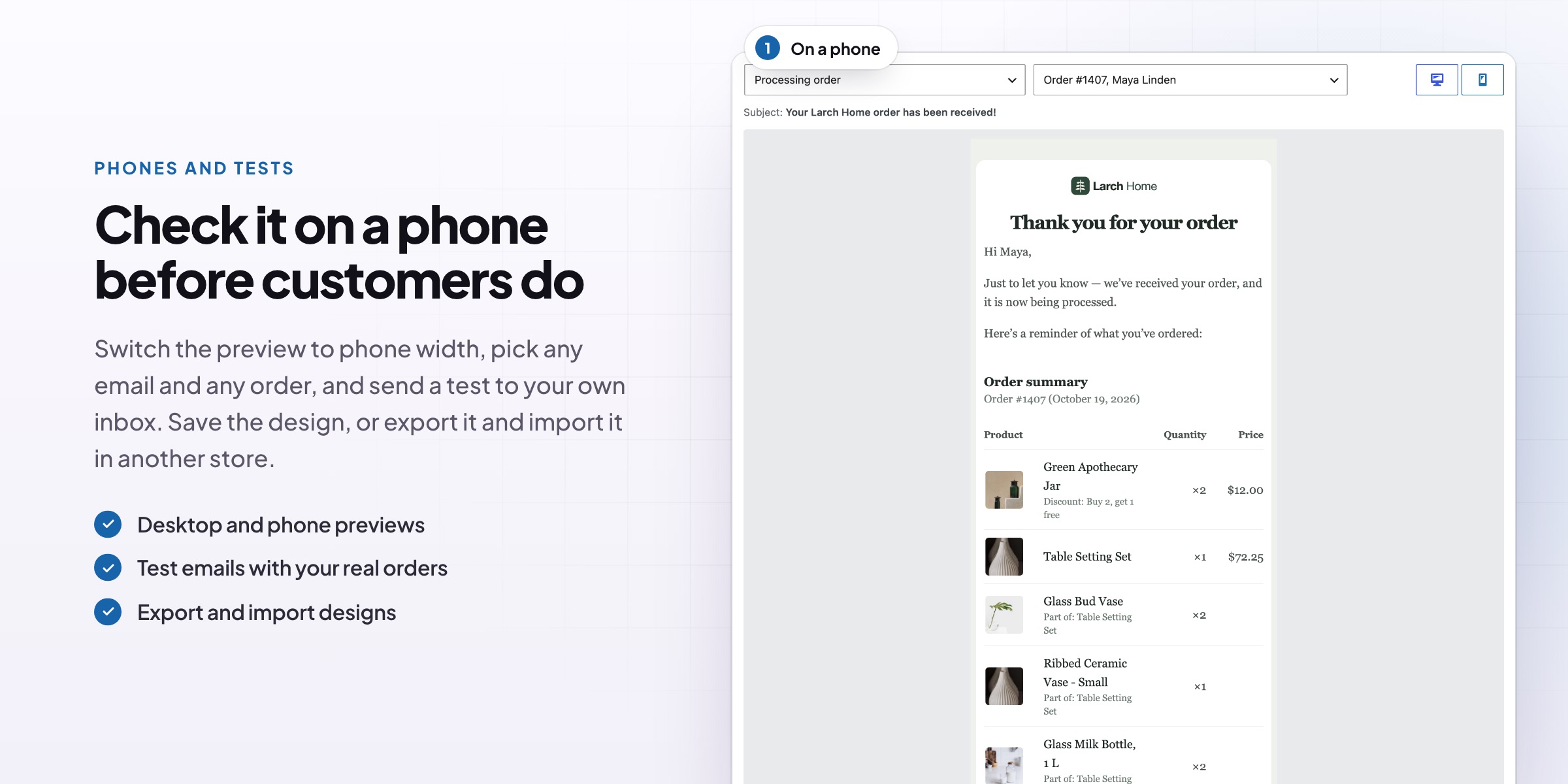 Email Customizer: the phone preview