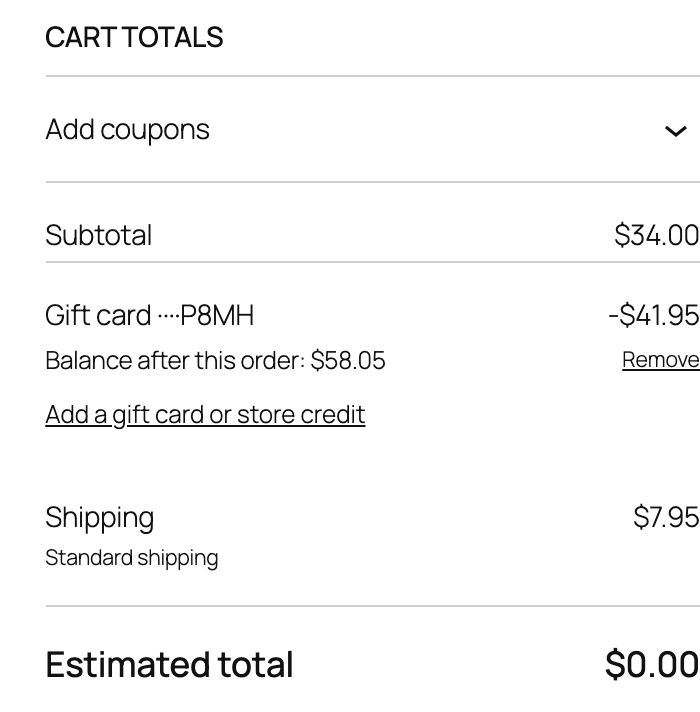 A gift card in the Cart block, with the balance left after this order.