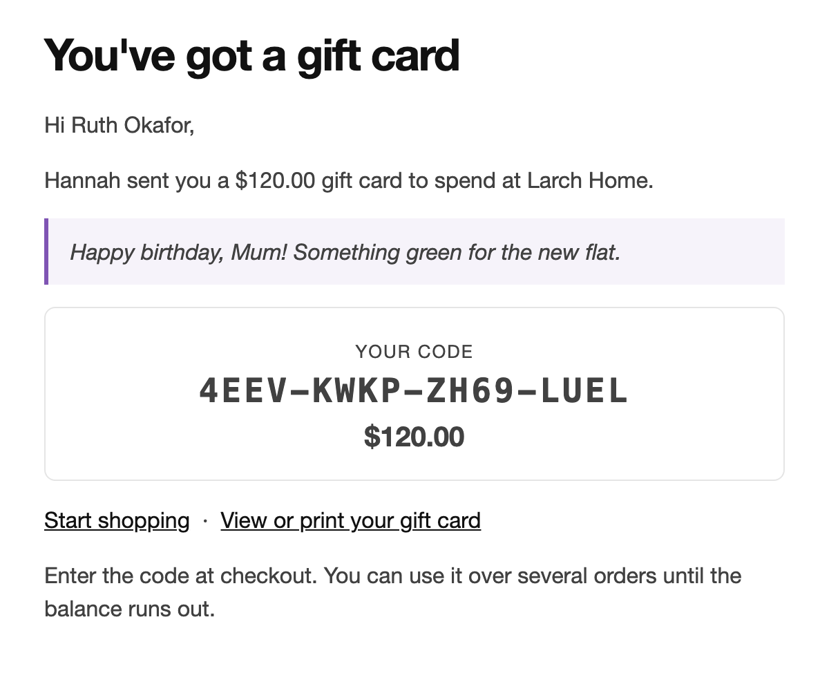The gift card email. Change its subject and text under WooCommerce > Settings > Emails > Gift card.