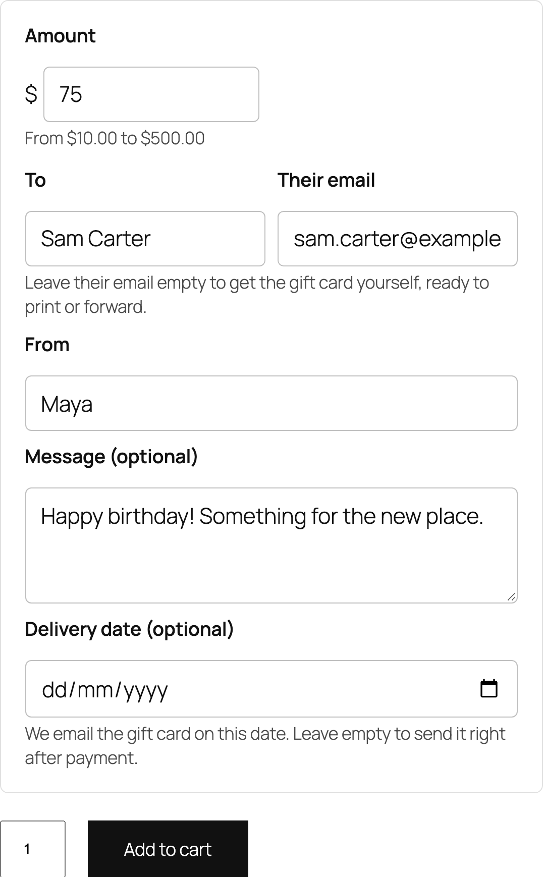 What customers fill in on the product page.