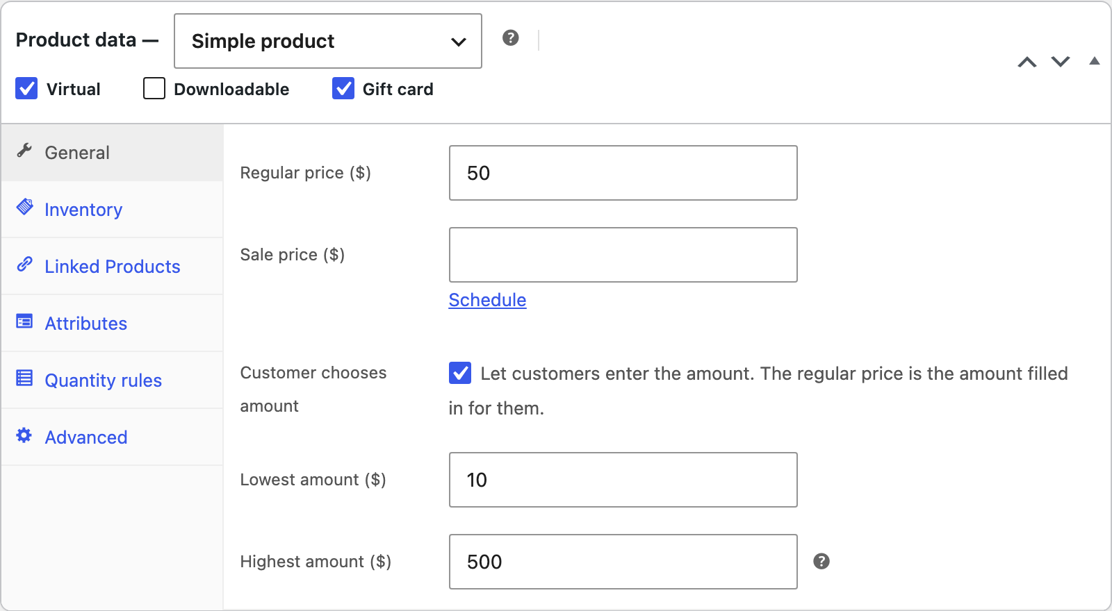 The Gift card option and the amount fields on the product screen.