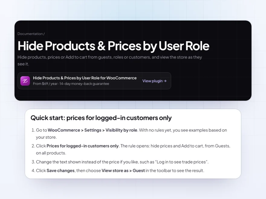 The Hide Products & Prices by User Role documentation with its quick start