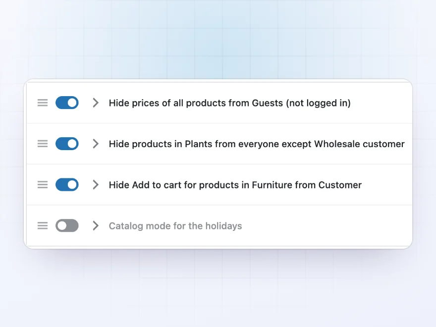Visibility rules: hide prices from guests, and hide a category from everyone except wholesale customers