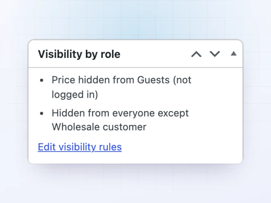 Visibility by role box on a product: price hidden from guests, hidden from everyone except wholesale customers