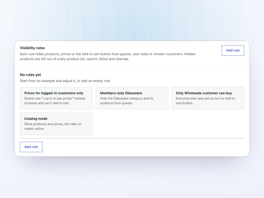Ready-made visibility rules: prices for logged-in customers only, members-only glassware, wholesale-only buying and catalog mode